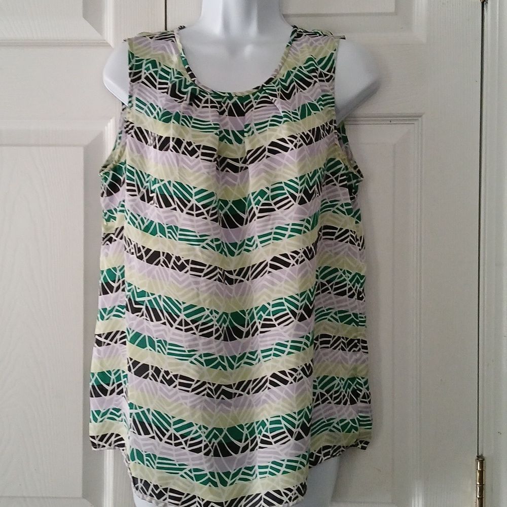 Nine West Black Green lilac lime green sleeveless blouse Sz L EUC